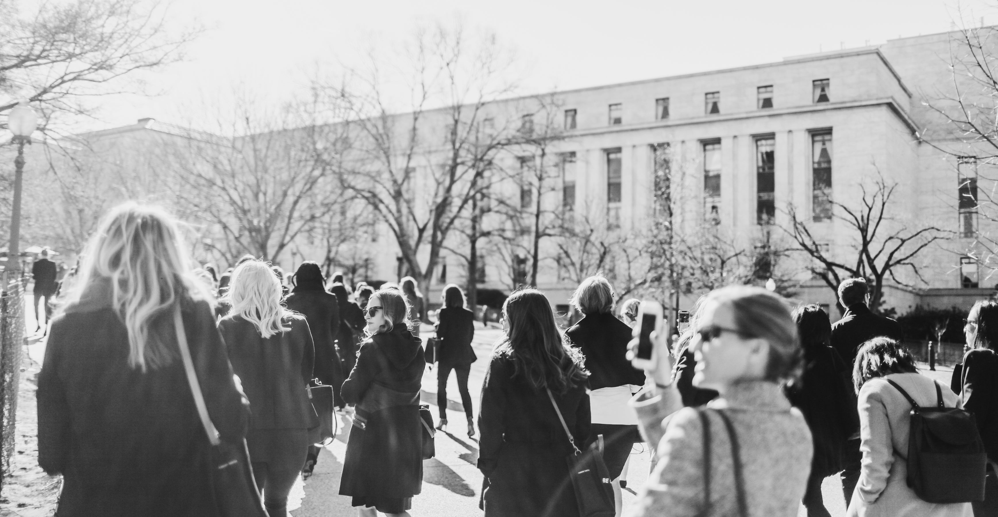 Displays a group of women Marching in Washington DC.