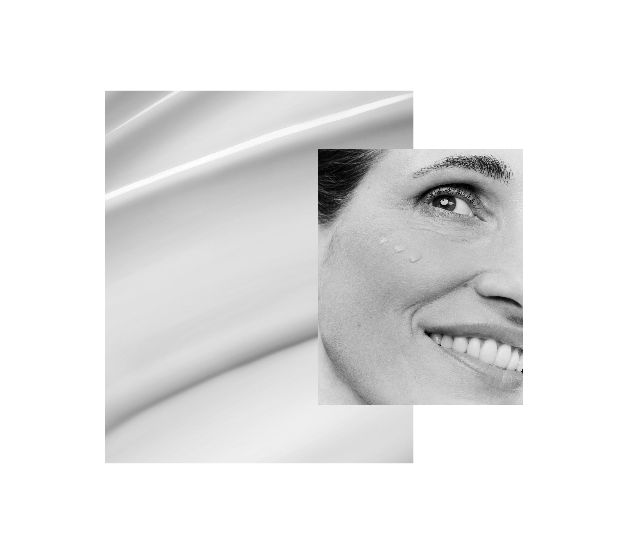 Displays Model's smiling face with three dots of Counter product on her cheek overlayed on a black and white image of product smear.