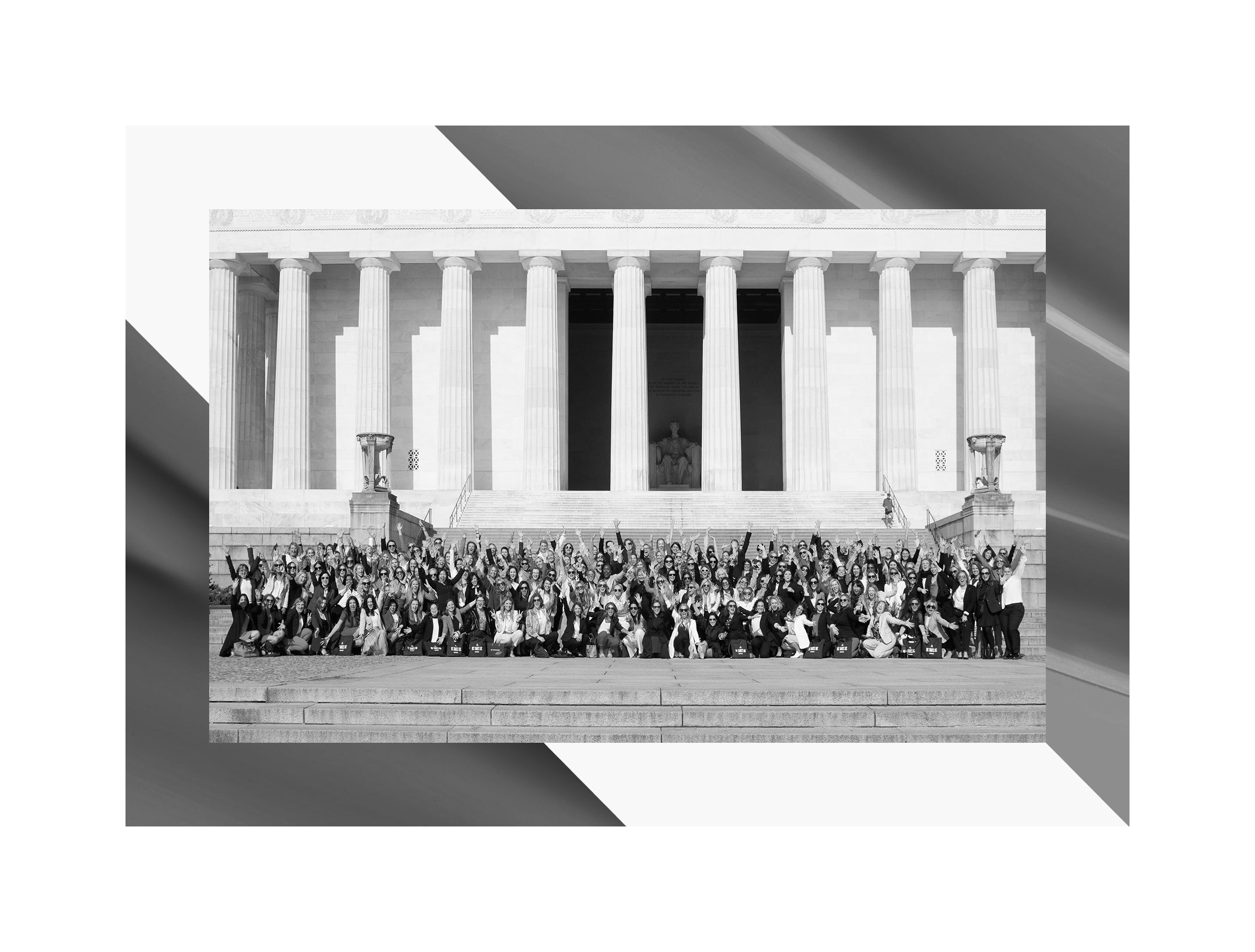 Displays women posing triumphantly in front of the Capitol Building in Washington DC.