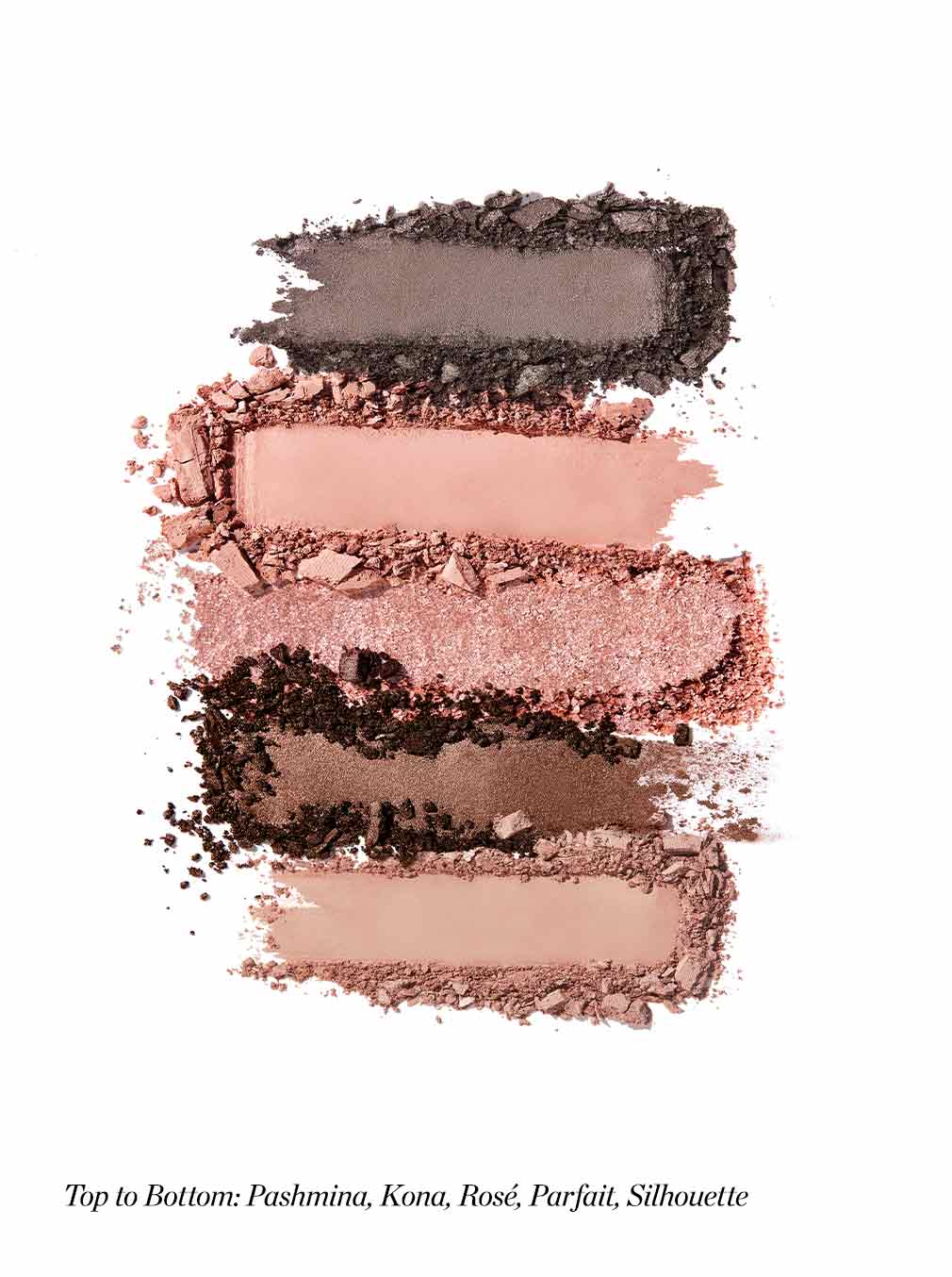 Displays the five crushes smears of the eyeshadow palette on a white background.