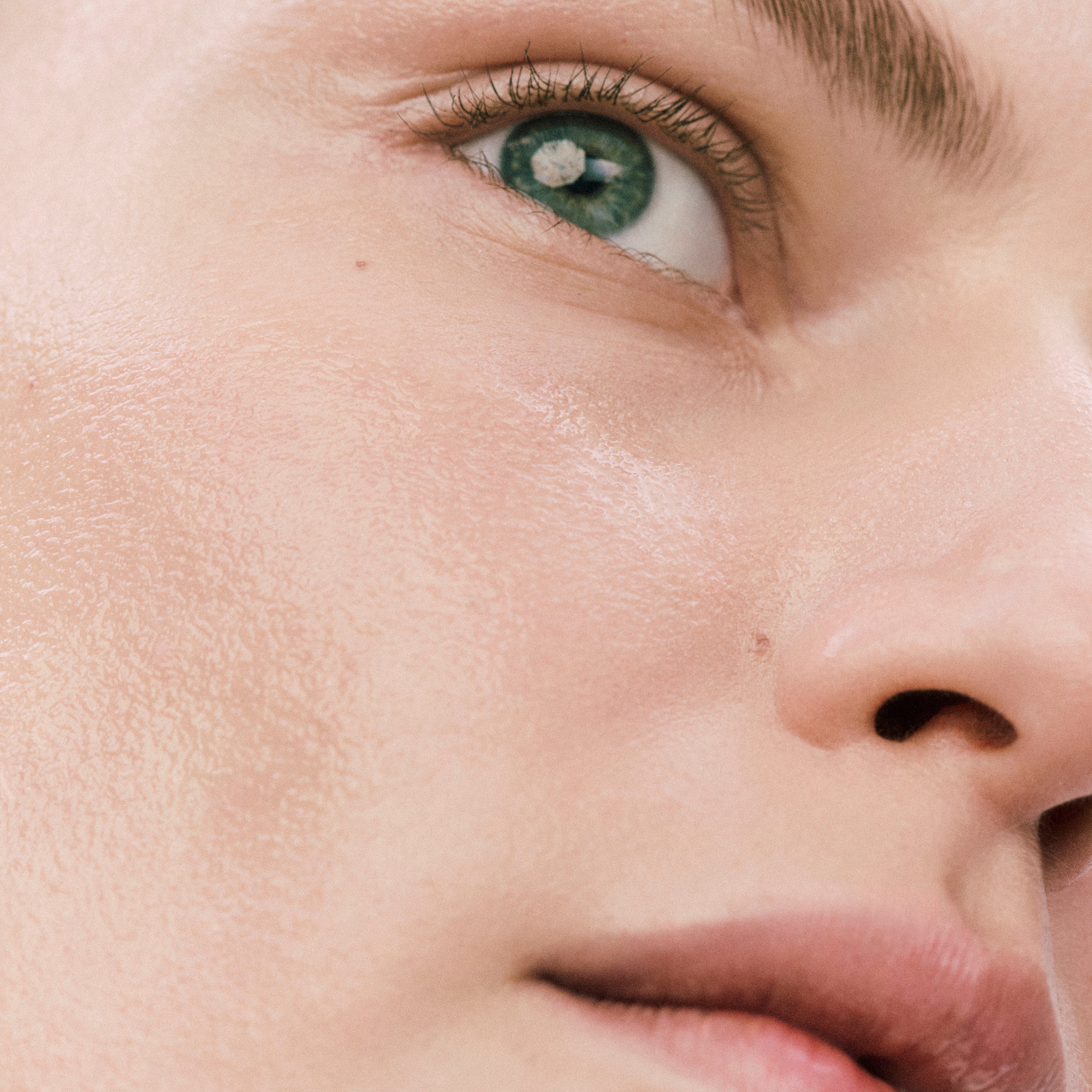 Displays a close up of a model's face. 